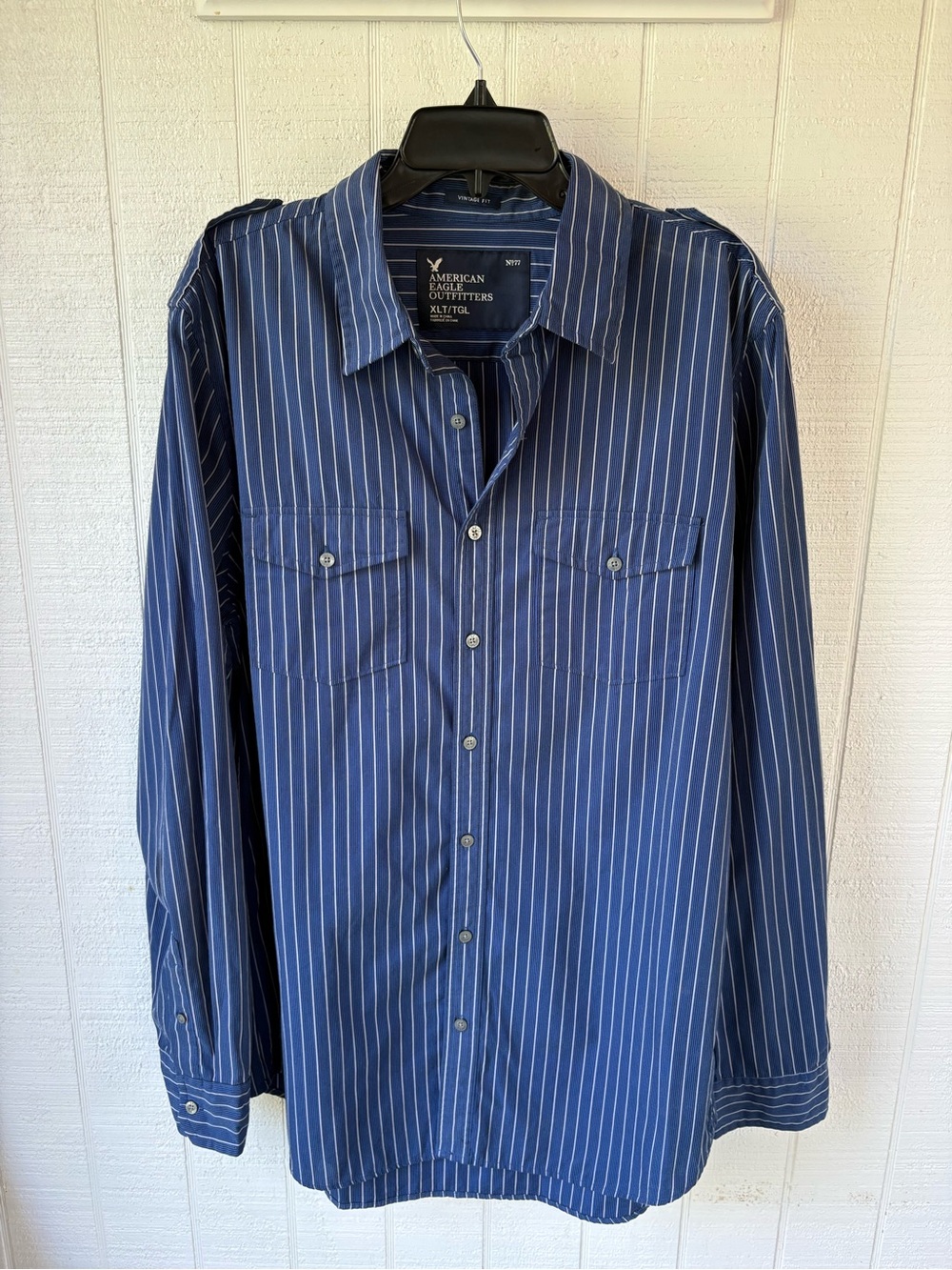 American Eagle Outfitters Navy Blue Pinstriped Button-Down Shirt